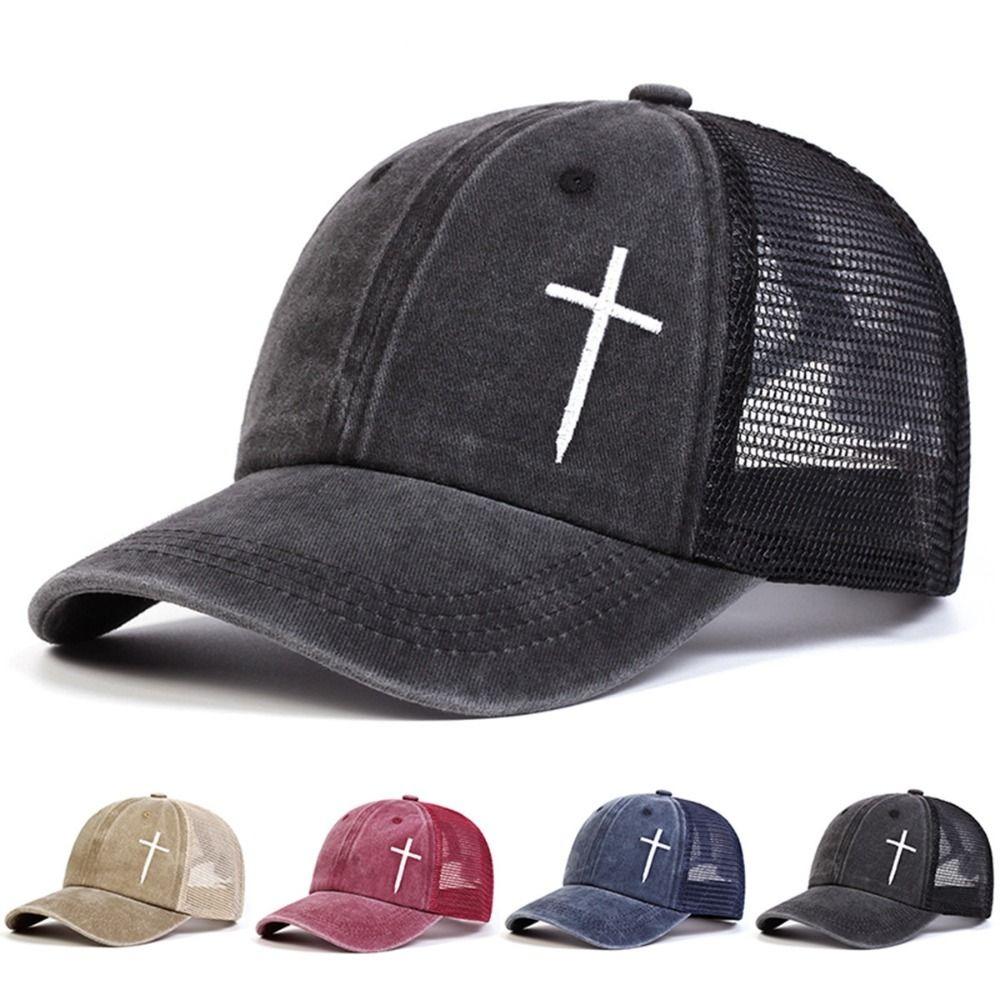 Breathable Cross Embroidery Hat with Mesh Peaked Cap Fashion Hip Hop Baseball Cap Outdoor