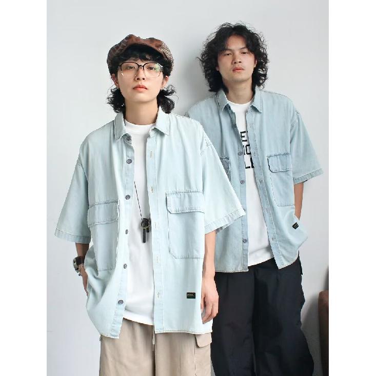 Рубашка с коротким рукавом в стиле ретро из джинсовой ткани, летняя модная мужская и женская марка, японский ретро-тренд с коротким рукавом, классная и свободная рубашка