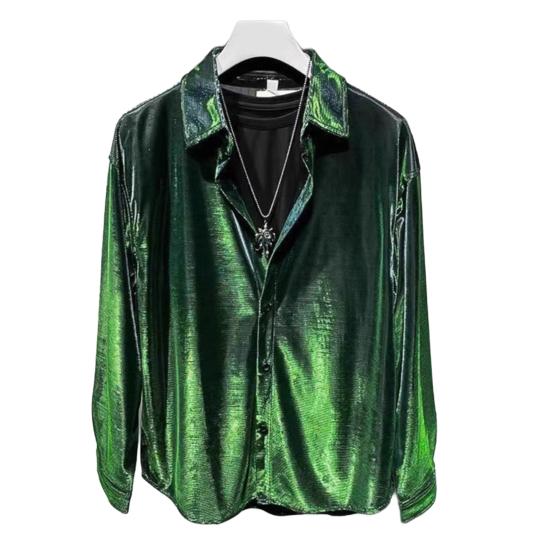 Мужская рубашка с отложным воротником, свободная, глянцевая, однобортная, с длинным рукавом, для клуба, вечеринки, повседневная, официальная рубашка