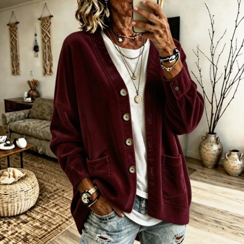 Women S Autumn Lazy Style Corduroy V Neck Loose Single Breasted Pocket Cardigan Coat