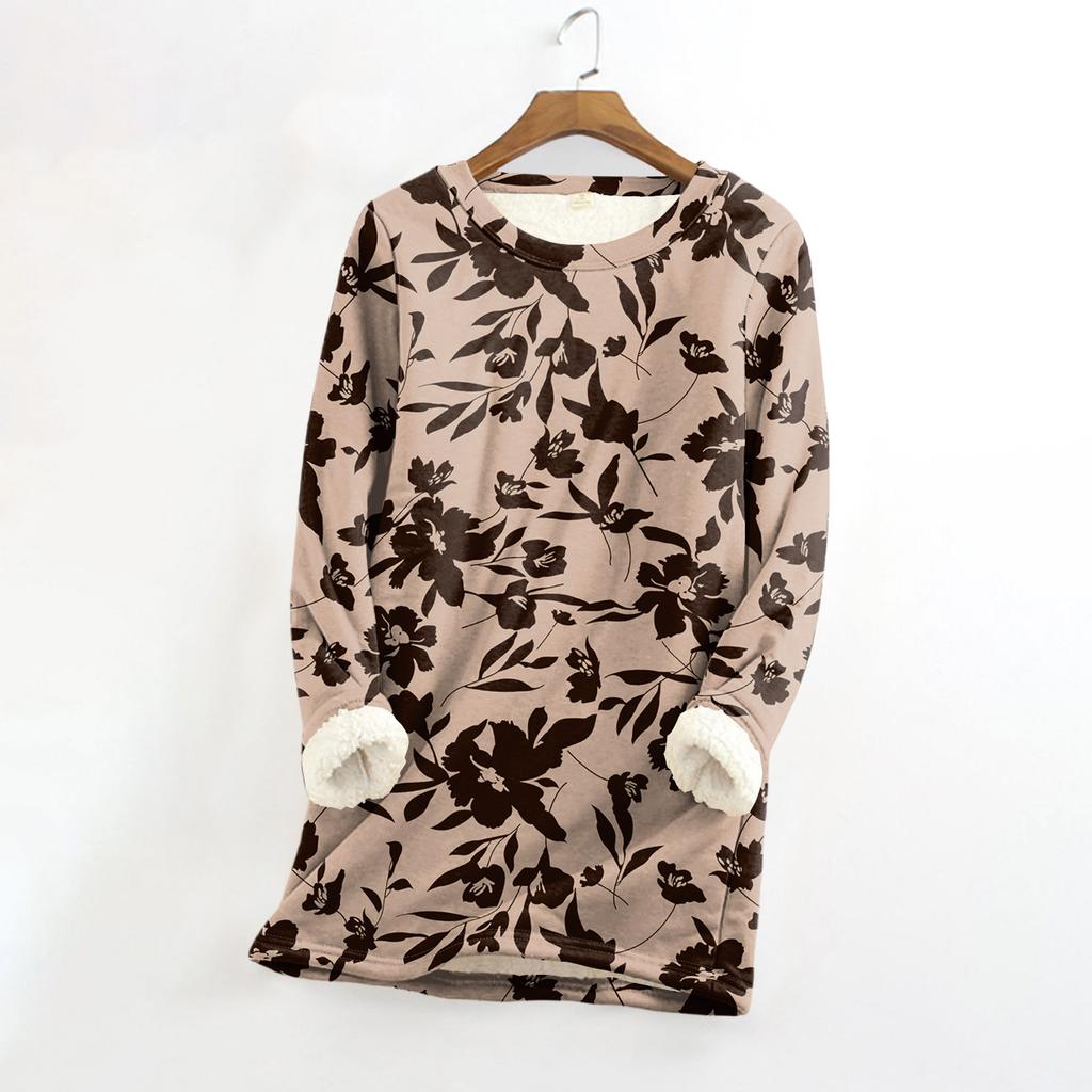 Женский топ с круглым вырезом и принтом из утолщенного плюша и кашемира, теплый длинный топ