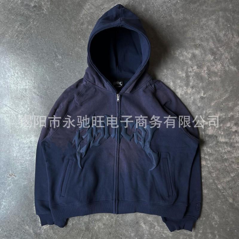 Unisex Hooded Zip-Up Sweatshirt With Gothic Letter Star Print Loose Fit Cotton Blend Streetwear Fall