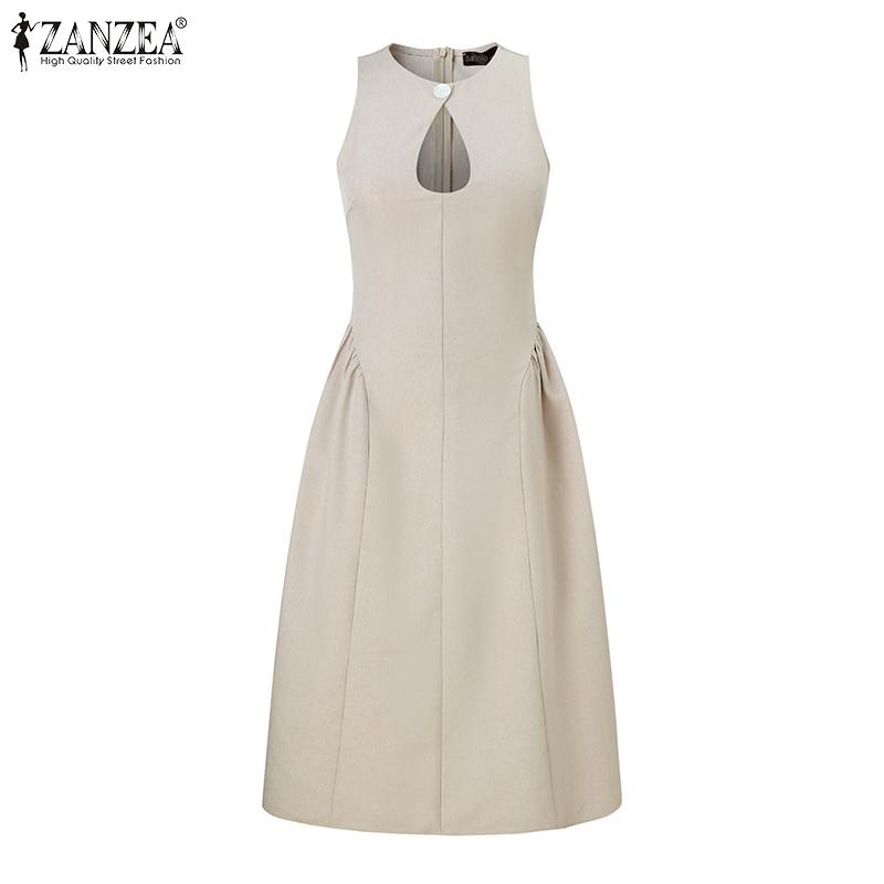 ZANZEA Женские винтажные платья с круглым вырезом и вырезом без рукавов, с тонкой талией, для вечеринок, со складками