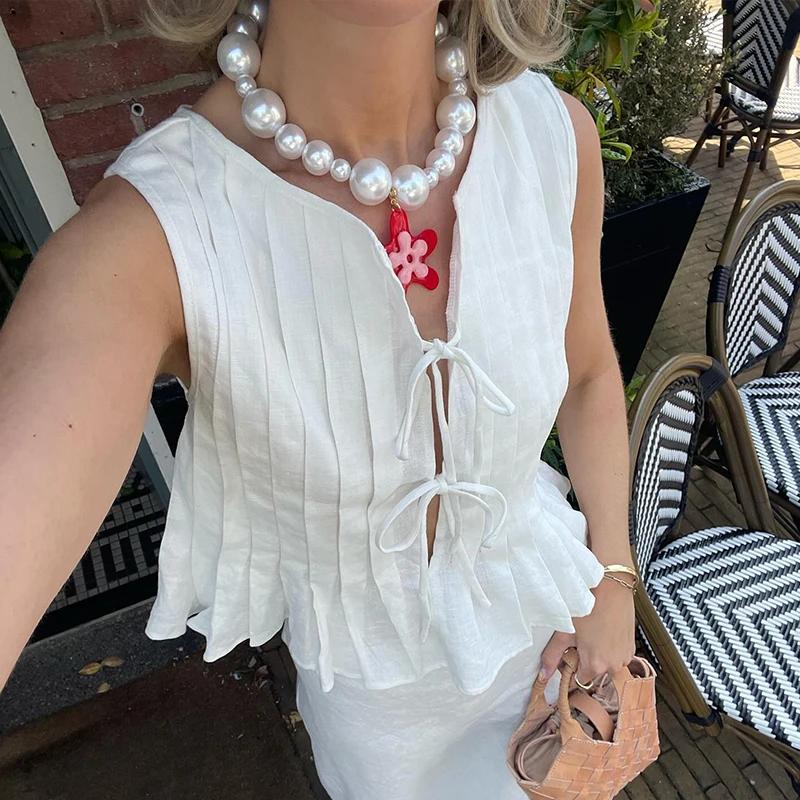 Белый жилет из хлопка и льна, плиссированный короткий топ со шнуровкой, женский, с круглым вырезом, без рукавов, с оборками, топы для отпуска и пляжа, лето