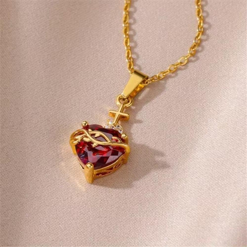 Female Crystal White Red Zircon Stone Heart Cross Pendant Necklace Vintage Gold Color Wedding Jewelry For Women