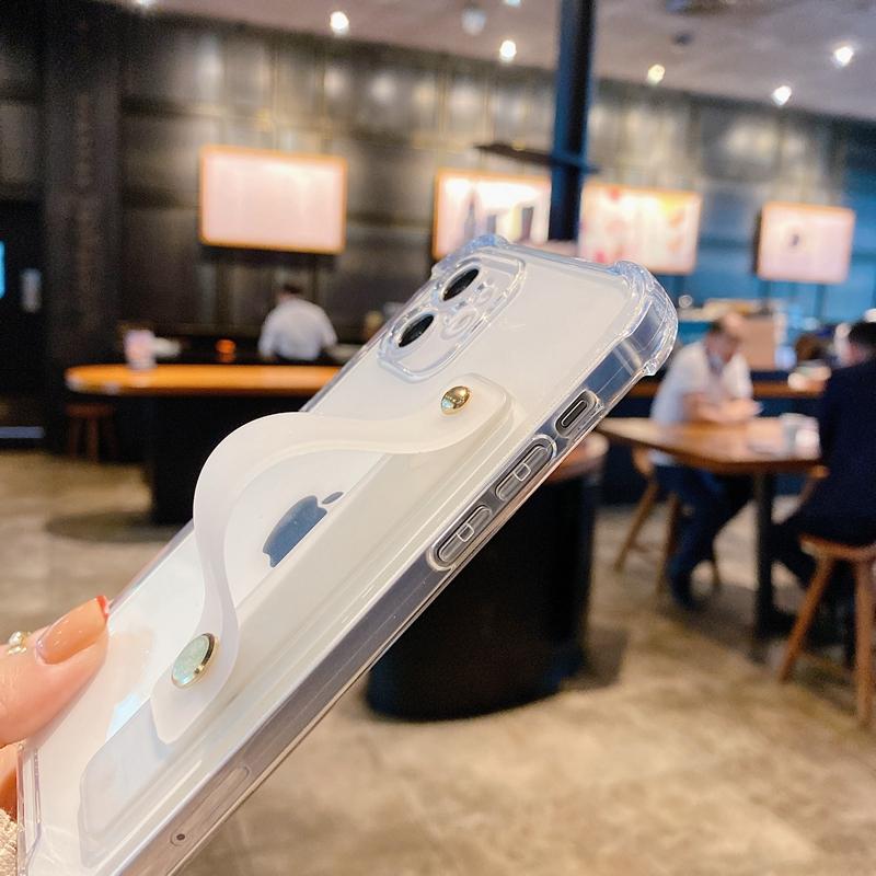 Мягкий чехол для телефона с ремешком на запястье для iPhone 11 12 13 14 15 Pro Max X XR Xs Max 7 8 Plus, мини-подставка, прозрачный бампер