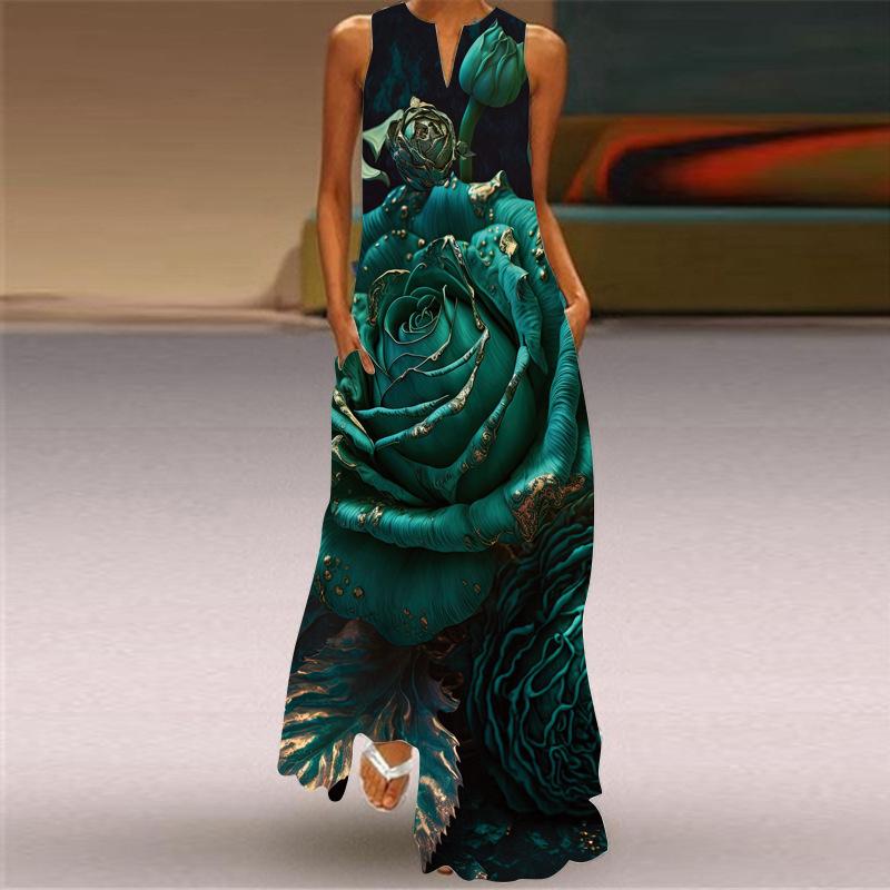 QICED Summer Women's Sleeveless Long V-Neck Printed Jade Flower Dresses