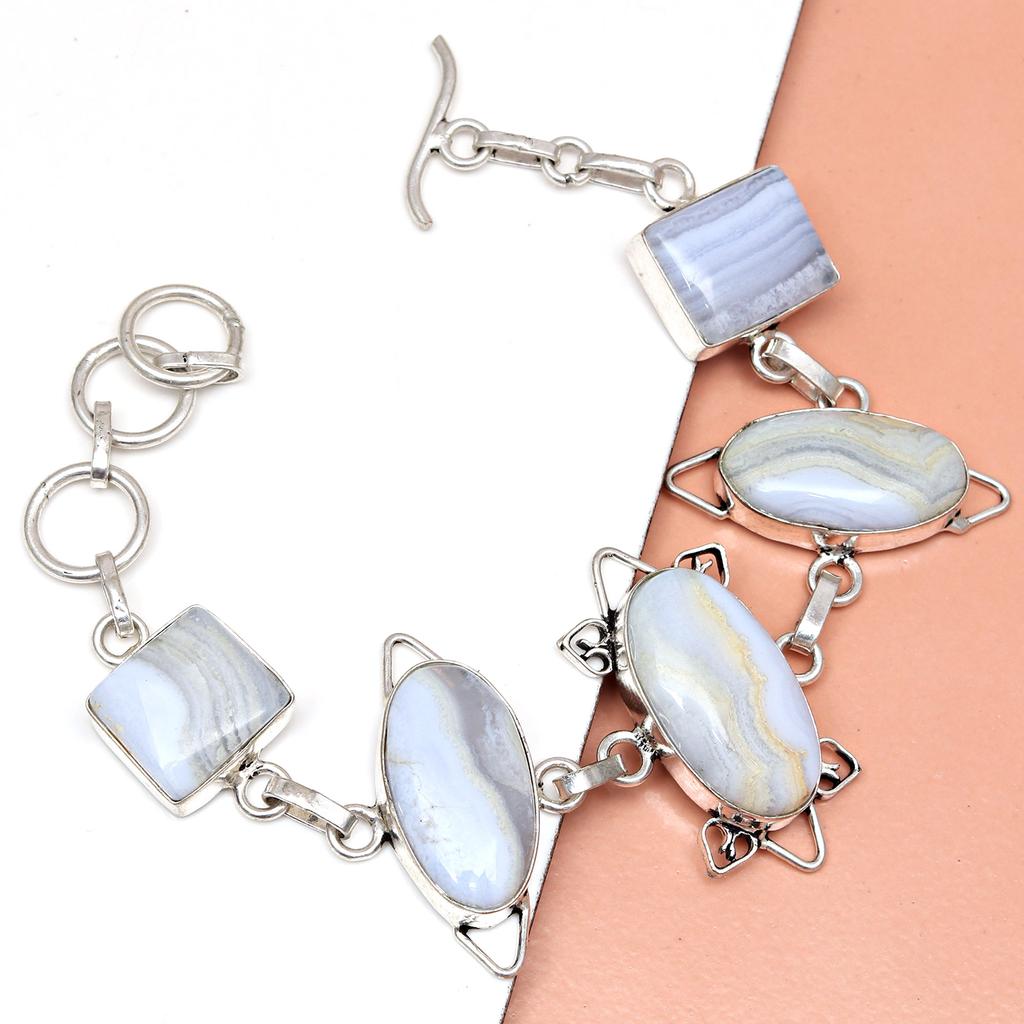 Silver Lace Blue Bracelet Sterling Agate Gemstone 7-8" Cuff Agate, Topaz