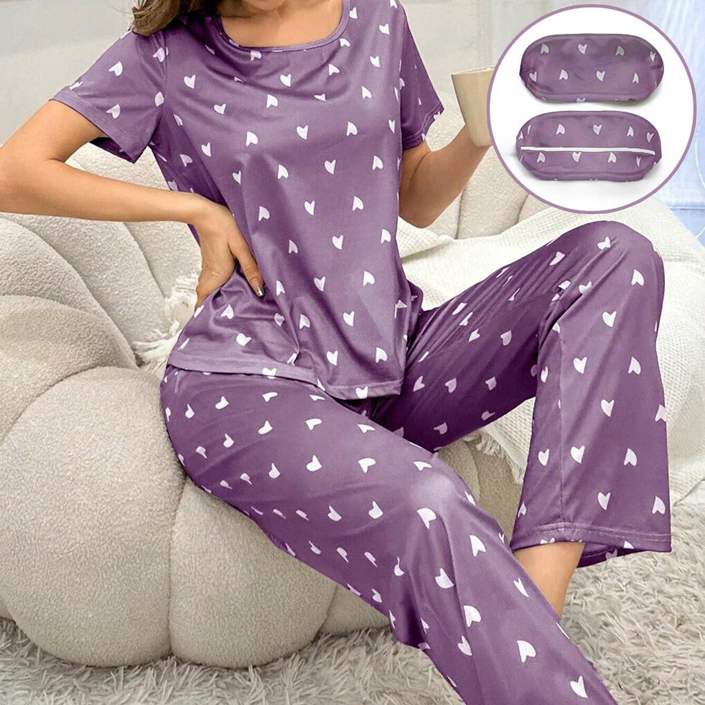 Пижамный комплект весна-лето для женщин с принтом в виде сердца, топ с короткими рукавами и длинные брюки, пижама с повязкой на глазу, повседневная свободная мягкая домашняя одежда
