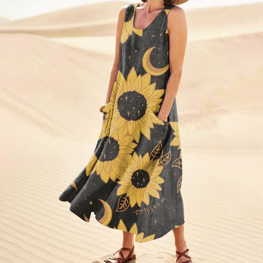 Summer Dress For Women Casual Printed Comfortable Sleeveless Cotton Dress With Pocket