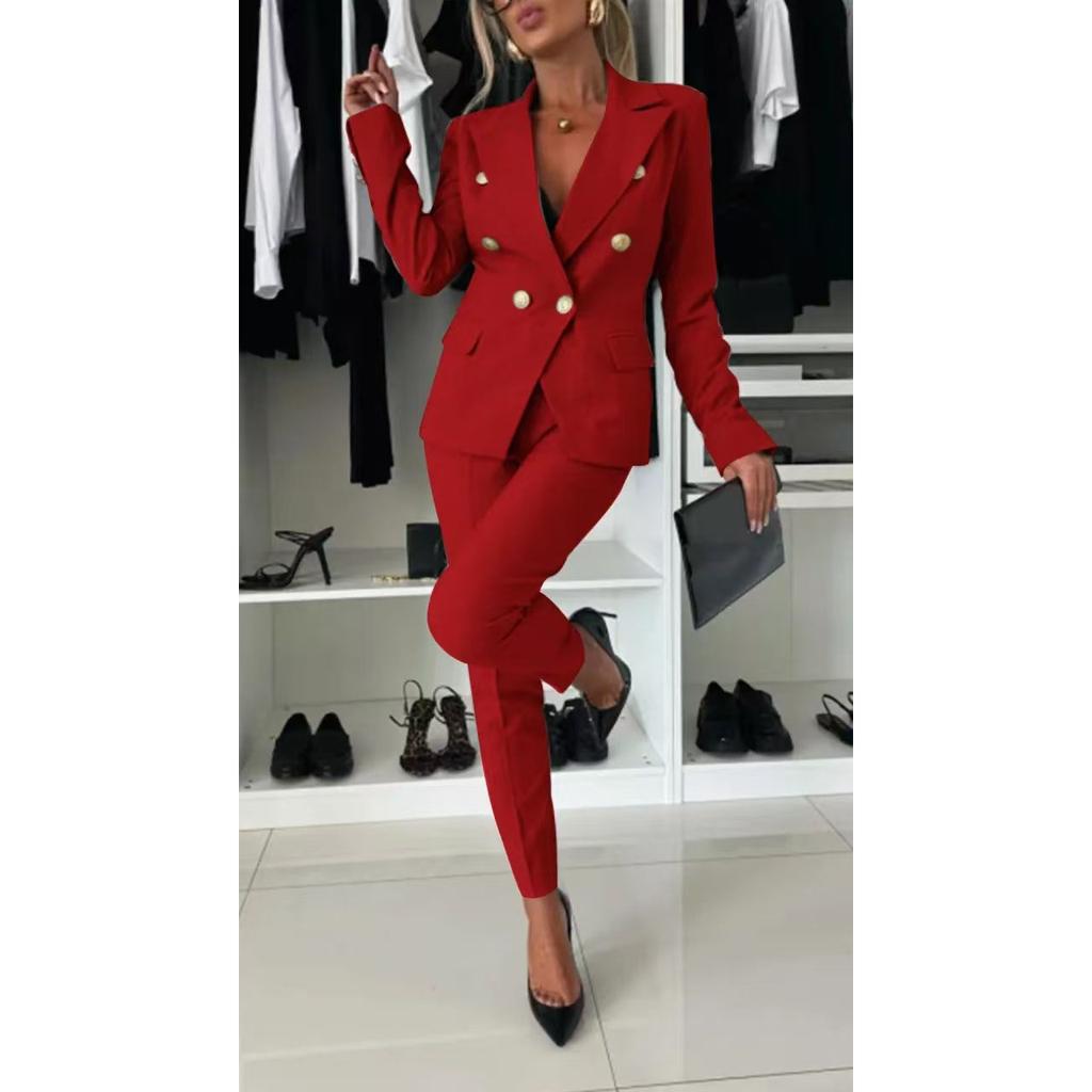 Women Office Smart Clothes Set 2pcs Blazer Double Breasted Button Solid Color Jacket & High Waist Slim Pencil Pants