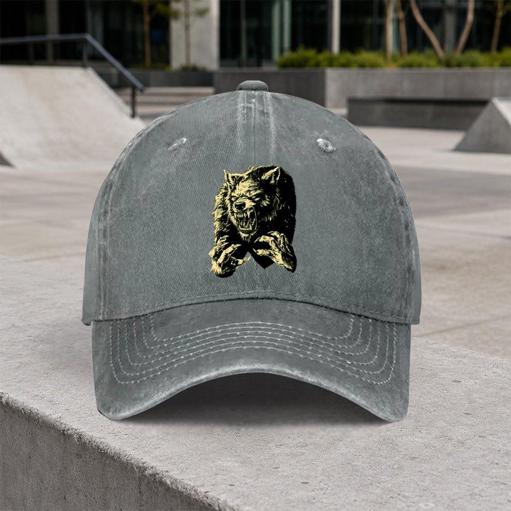 1pc Vintage Werewolf Pattern Washed Baseball Cap Classic Casual Fashion Retro Unisex Allseason Duckbill Hat Adjustable Size Su