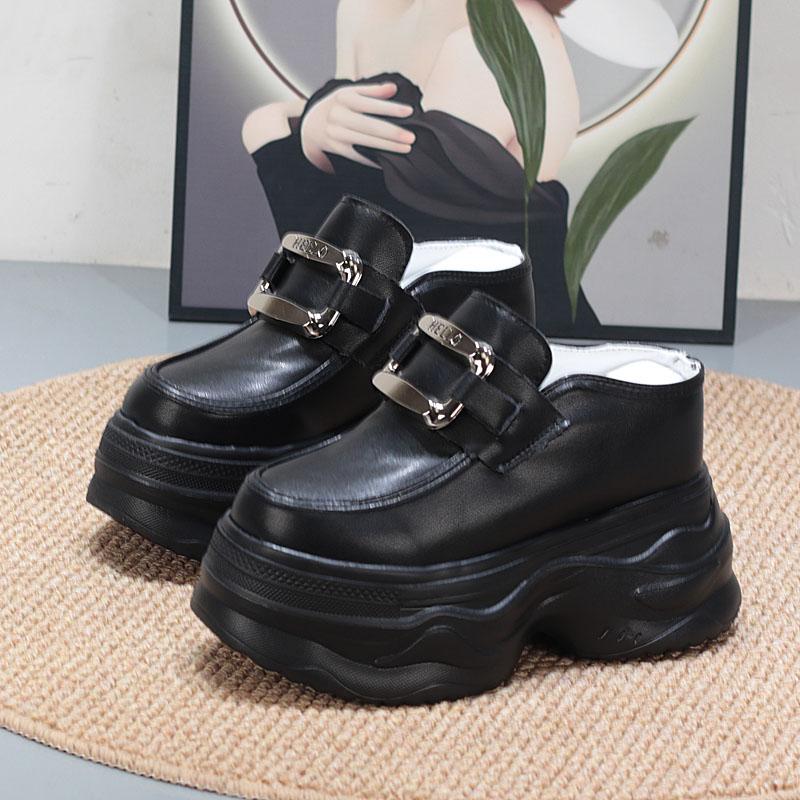 Fashion 12CM Leather Platform Wedge Slippers Round Toe Breathable Slip On Pumps Synthetic Mary Jane Flats Fashion Shoes
