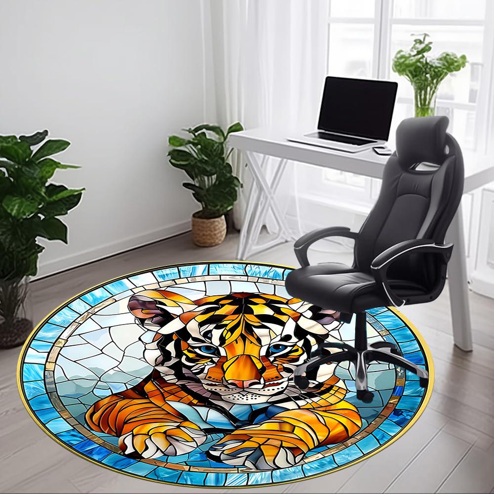 1pc Tiger StainedGlass Office Round Area Rug, Indoor Mat Suitable For Office, Under Office Chairs Bedroom Living Room Home Decor, Room Deco 066