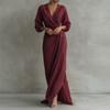Women S V Neck Solid Color Waist Tied Long Dress Casual Home Wear