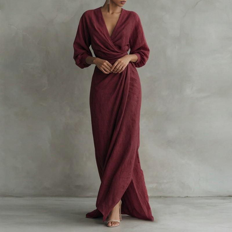 Women S V Neck Solid Color Waist Tied Long Dress Casual Home Wear