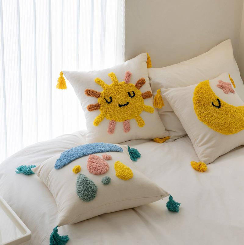 Kids' Cartoon Tufted Embroidered Pillow: Cozy Bedside or Sofa Backrest Cushion