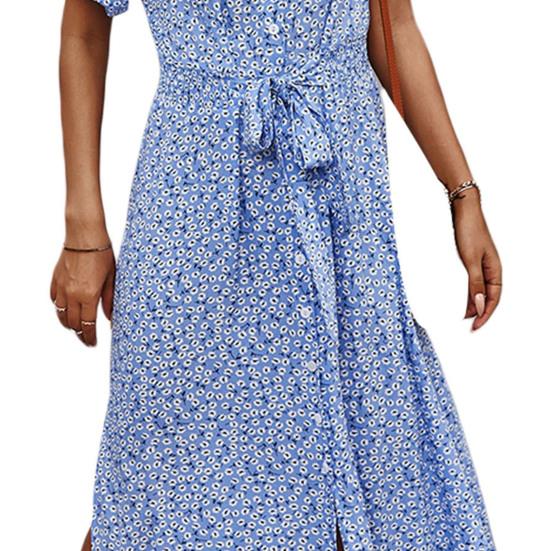 Women Summer Floral Midi Dress Short Sleeve Button Down Belted Dress Casual V Neck Shirt Dress with Slit Hem