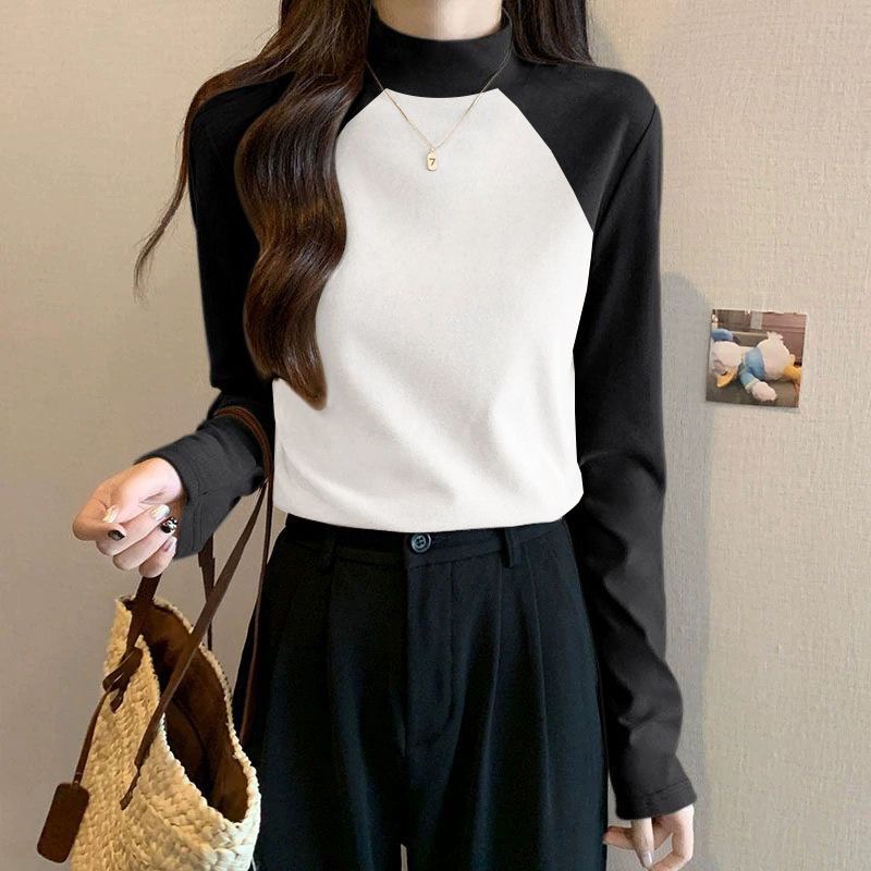 Осень Зима Новые Футболки Женские Футболки Имитация Нерка Контрастный Цвет Пэчворк Мода Повседневный Молодежный Длинный Рукав Теплые Базовые Топы