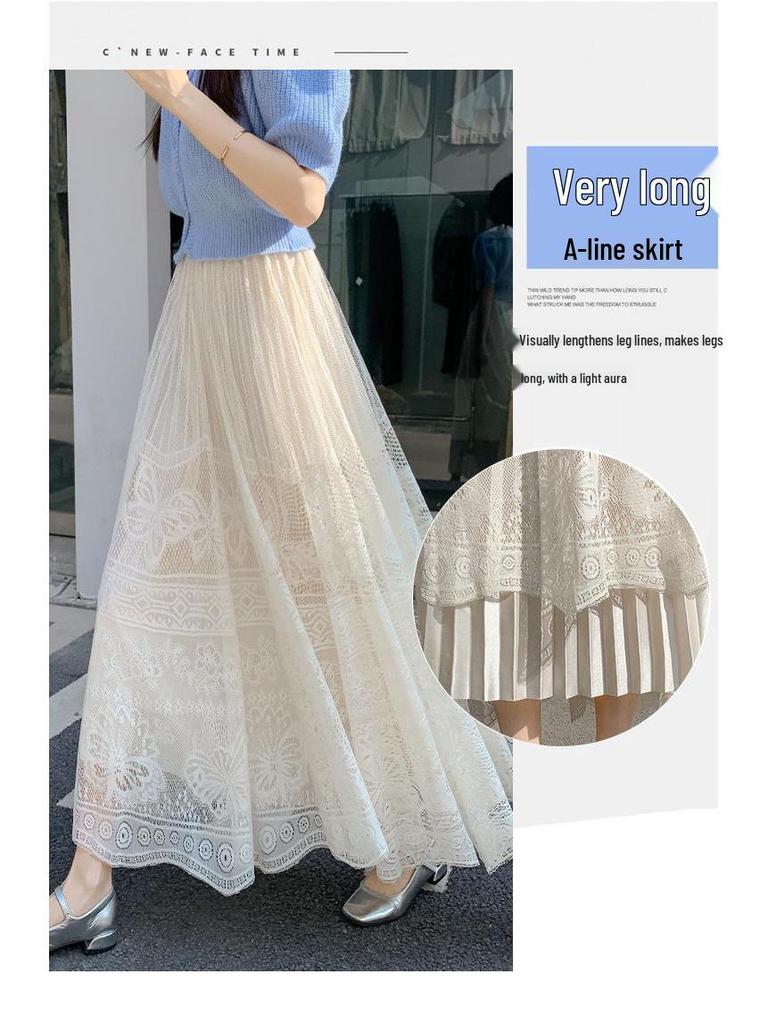 Double-Sided Long Lace A-Line Pleated Skirt for Women - 2025 Collection