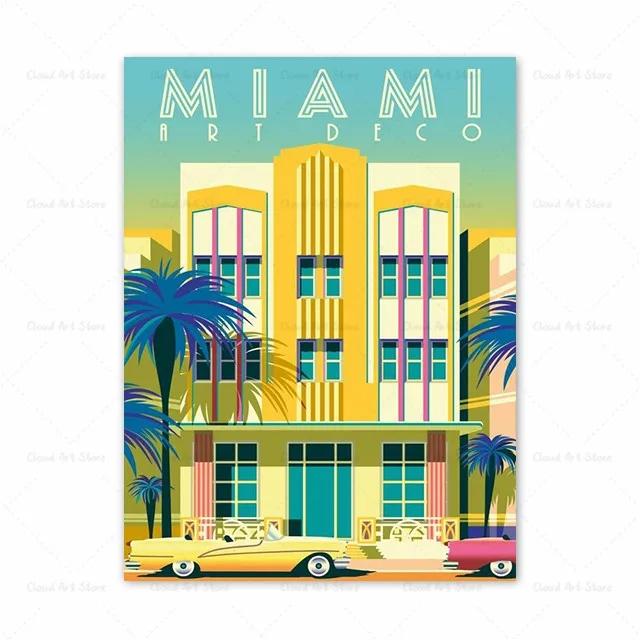 Vintage Miami California Canvas Painting Retro Travel Poster Tourist Scenery Wall Art for Living Room Decoration Home Decor