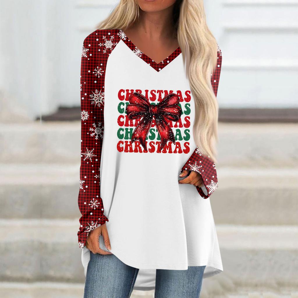 Women's Autumn And Winter Long Sleeved V-neck Christmas Printing Casual Long Loose T-shirt Top