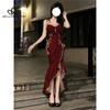 Vintage Stitching Red Lace Lace-up Slim-fit Sling Dress Irregular Ruffled Split Sexy Hip Fishtail Dress