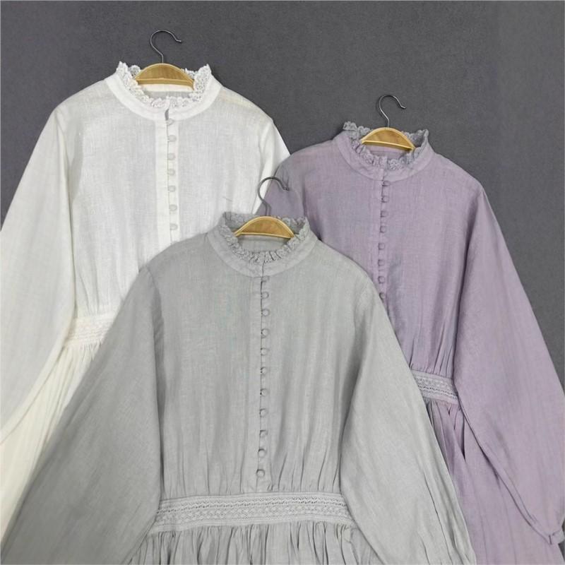 Johnature Весеннее платье с длинным рукавом, японский воротник-стойка, отделка «деревянное ушко», однотонное, винтажное, свободного кроя, женское