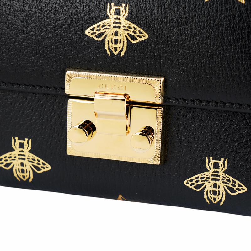 Gucci Замок-защелка Металлический замок Принт пчелы Короткий складной кожаный кошелек Кошелек Женский Черный