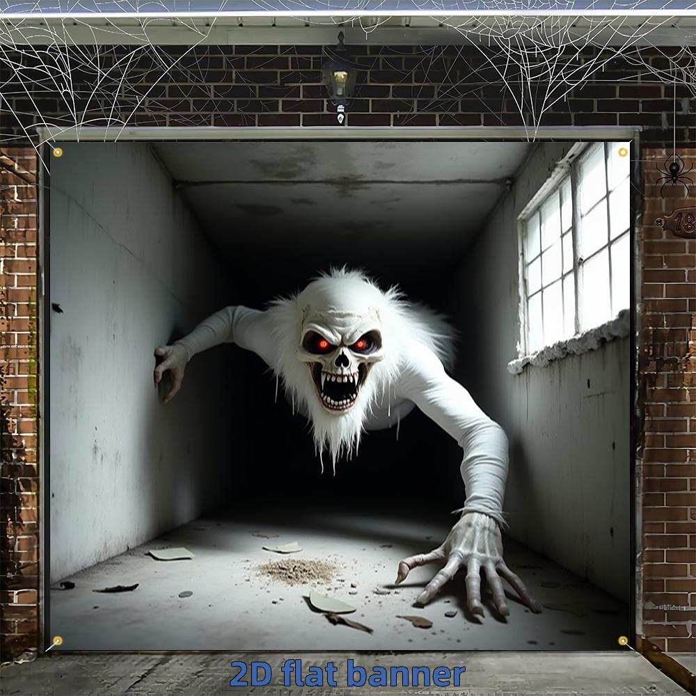 2D flat 1pc Halloween garage door banner - Terrifying white-haired monster polyester indoor/outdoor decoration for parties