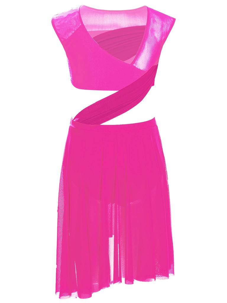 Платье для лирического танца для девочек, цельное, без рукавов, с прозрачной сетчатой вставкой, лоскутное, с асимметричным подолом, костюм для выступления