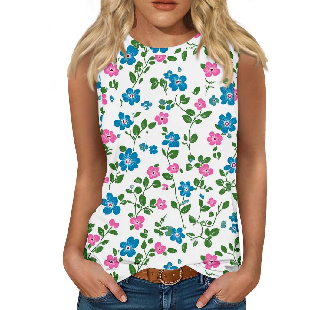 Women's Casual Round Neck Printed Sleeveless Vest Tops Vest