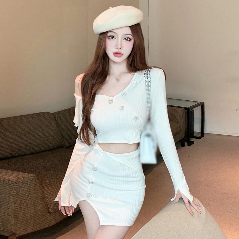 Женский кардиган с длинным рукавом на пуговицах, кроп-топы и комплекты юбок, мини-платье бодикон, комплект из 2 предметов