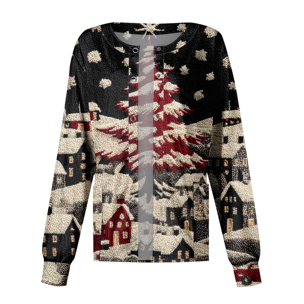 Women's Casual Long-Sleeved Single-Breasted Christmas-Themed Print  Cardigan