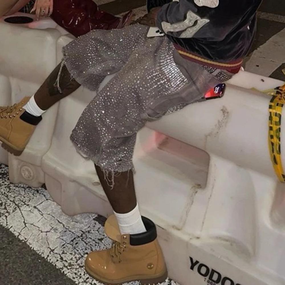 RogueWave Streetwear Мешковатые джинсовые шорты для мужчин с принтом из страз, рваные, выстиранные, короткие, повседневные, свободные, из денима, пятиточечные