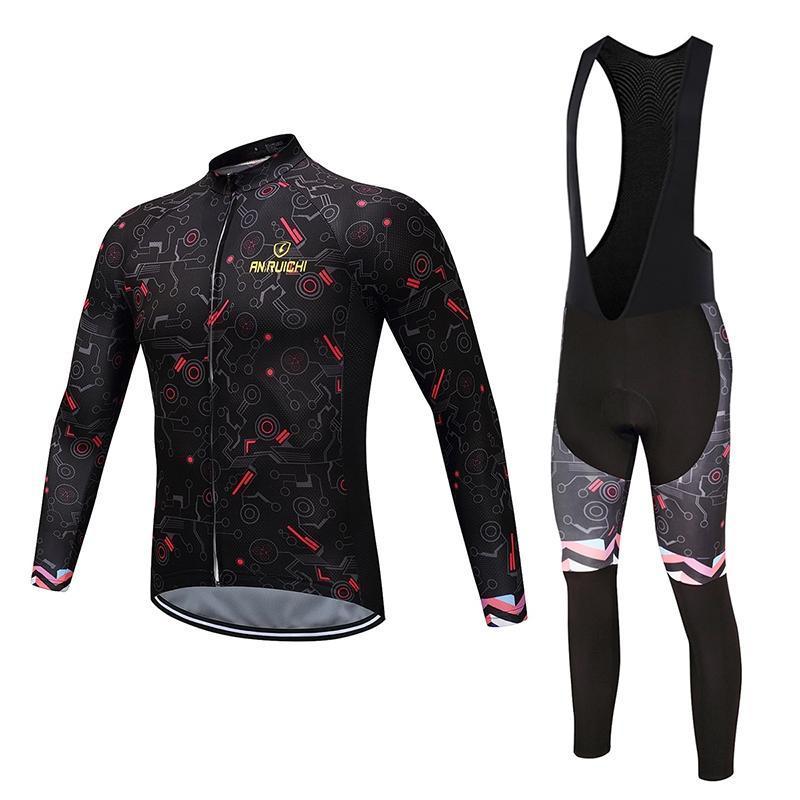 Трикотажные изделия для езды на велосипеде, комплект одежды для велоспорта, мужской/женский черный нагрудник с длинными рукавами, брюки, костюм для велосипедной одежды