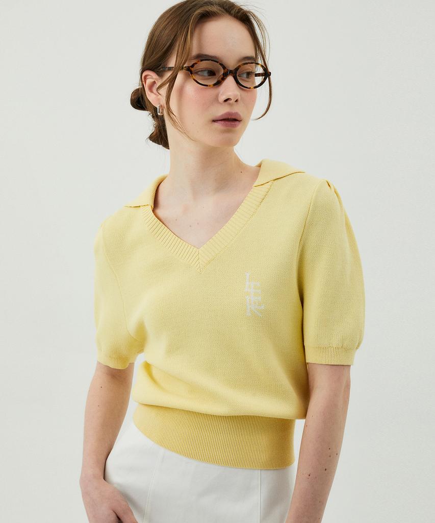 ITER Jacquard Collar V-Neck Half Knit_Lemon