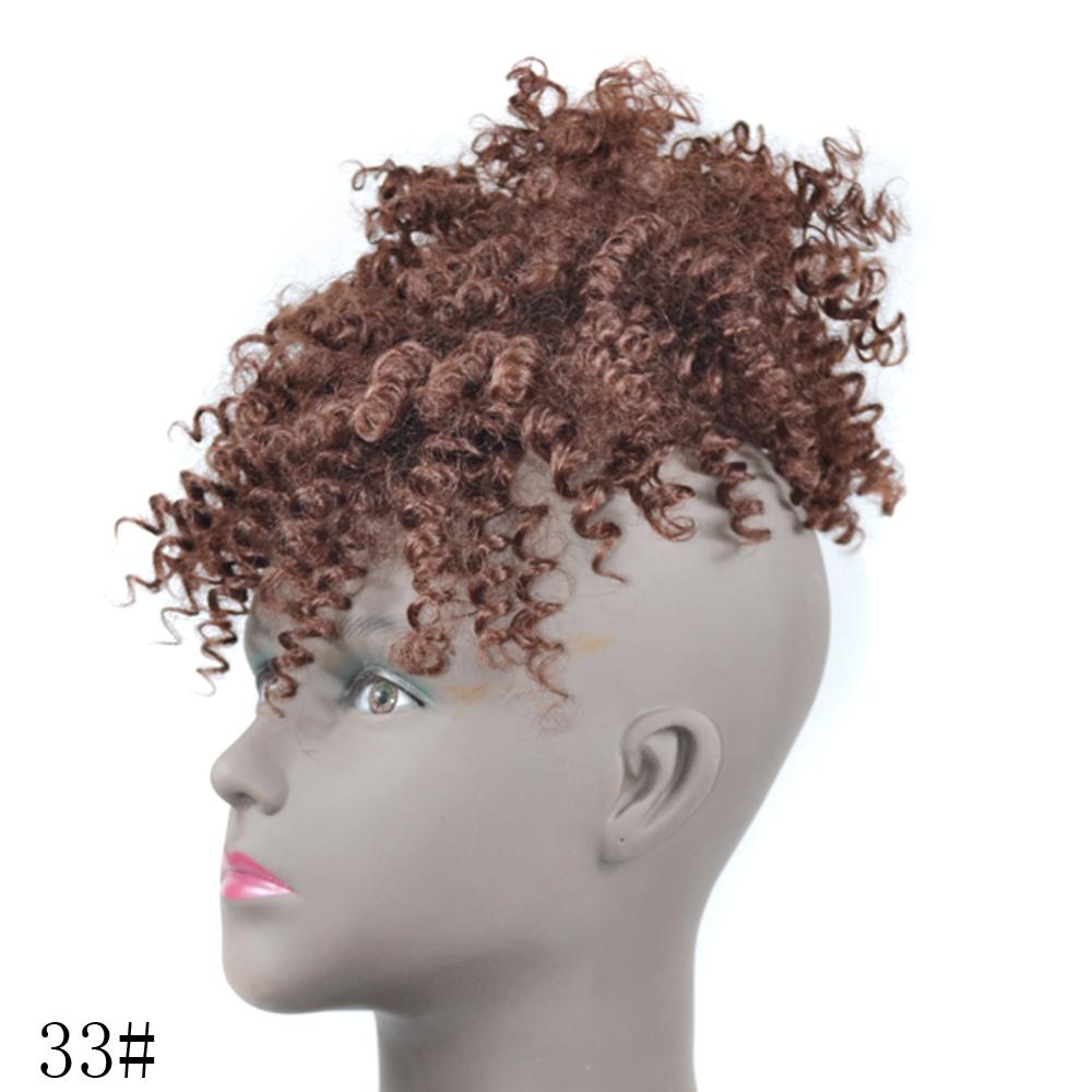 Afro Puff Hair Bun Chignon Drawstring Ponytail with Bangs, Black Kinky Curly Ponytail Bun with Bangs Updo Hairpiece For Women