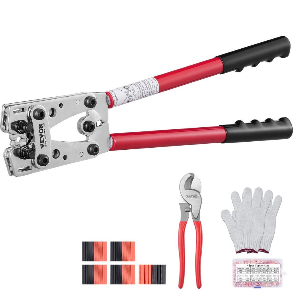 Battery Cable Lug Crimping Tool, 10-1/0AWG with Cable Cutter and 95PCS Copper Ring Terminals, 6 Wire Sizes Crimping Die and 100pcs Heat Shrink Tubes,