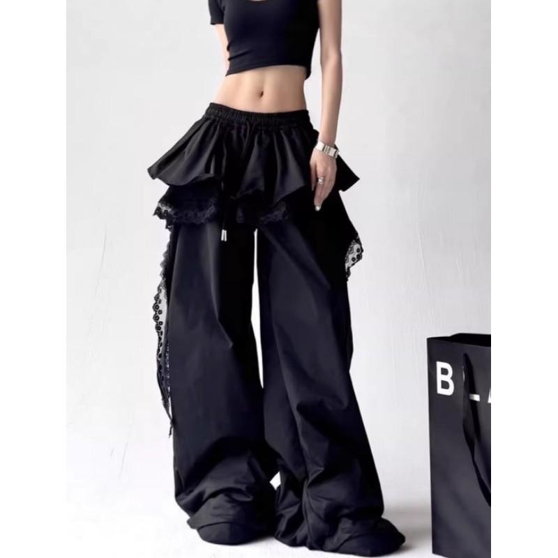Женские летние карго брюки Streetwear Кружевная пэчворк Широкие брюки Gyaru Harajuku Корейские мешковатые брюки