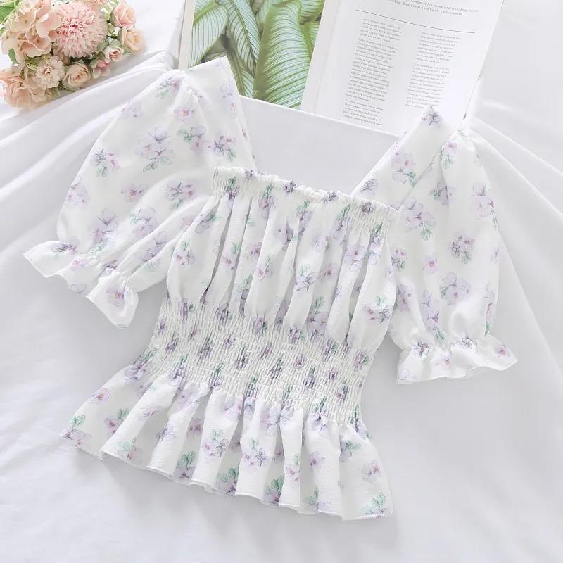 WTEMPO Женские летние шифоновые рубашки с цветочным принтом, женские повседневные желтые фиолетовые укороченные топы с квадратным воротником и коротким рукавом