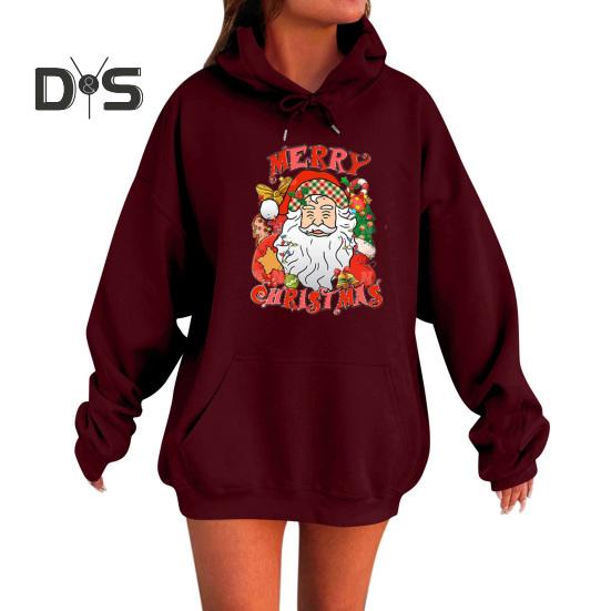 Женская рождественская толстовка с капюшоном с принтом Санта-Клауса, свободная, толстая, с длинными рукавами, эластичными манжетами и подолом, праздничная толстовка с капюшоном на шнурке и карманом