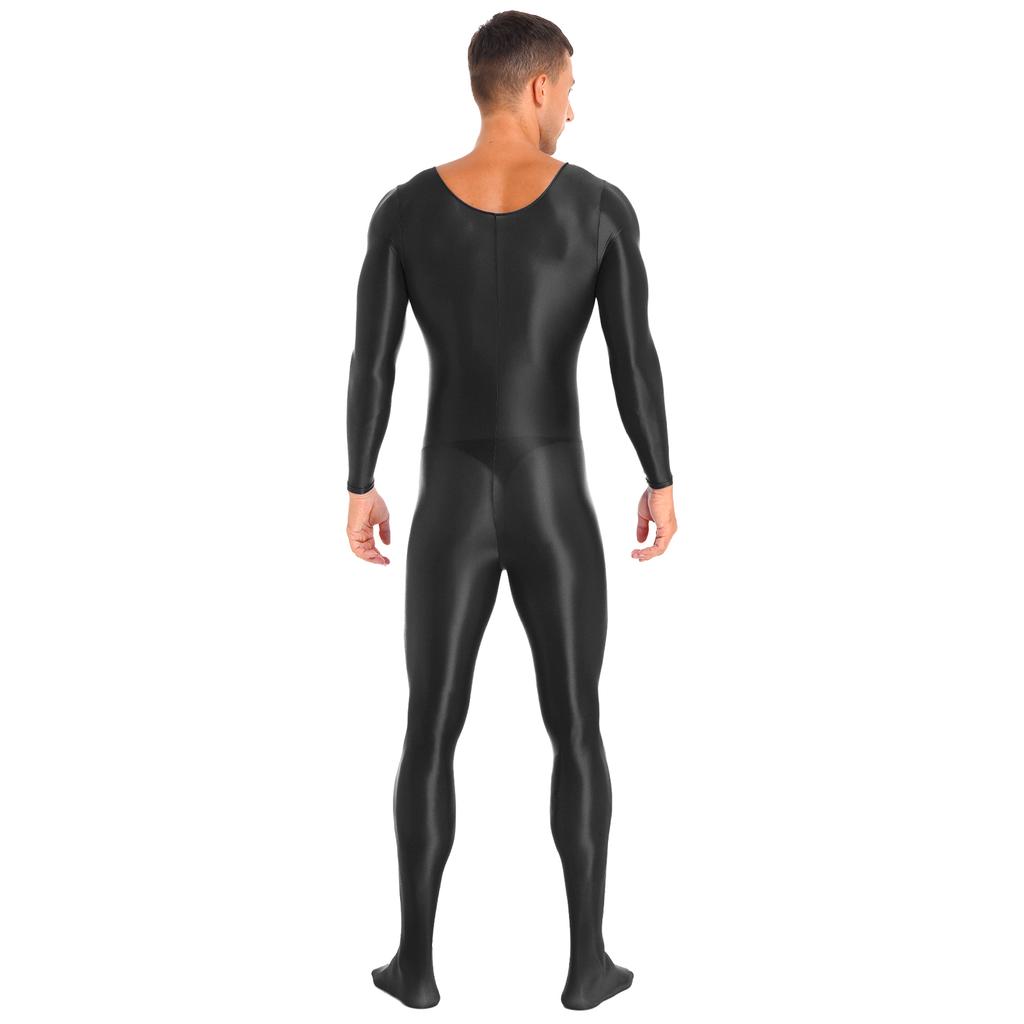 Mens Smooth Solid Color Long Sleeve Round Neck Bodystocking Nightwear Bodysuit