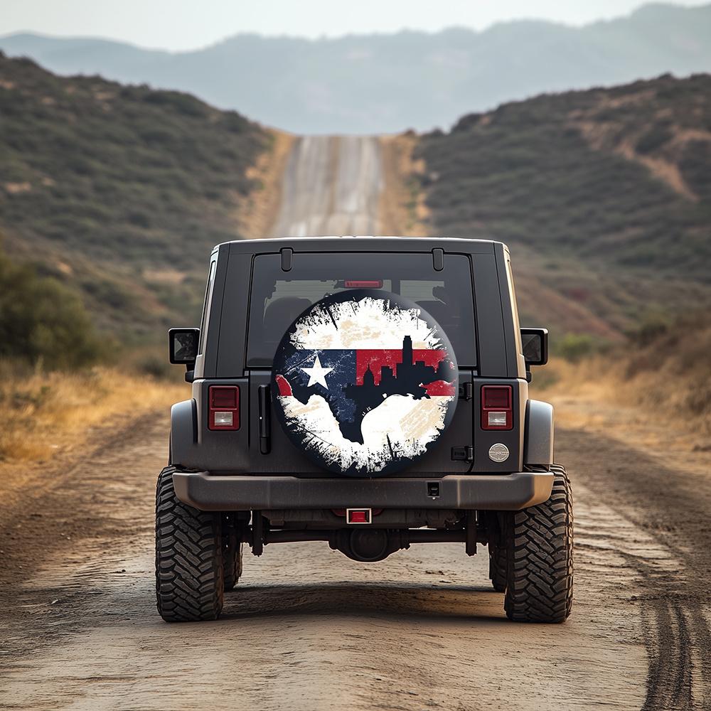 Texas Map Skyline Tire Cover Patriotic Star Flag Spare Wheel Protector Durable Vinyl for RV SUV
