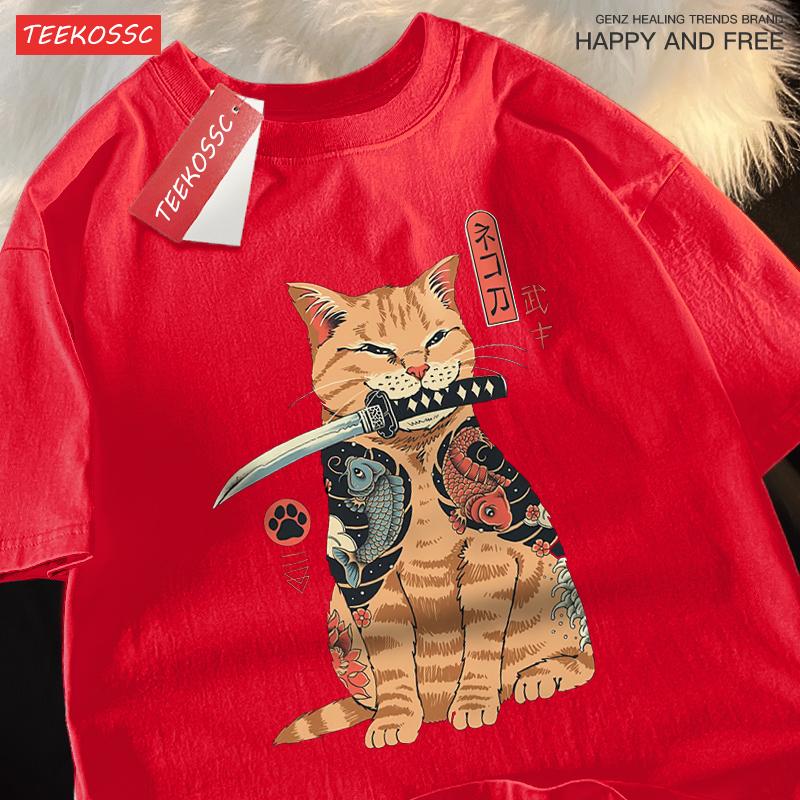 Японская футболка Харадзюку Самурайский меч Кот Мужская Женская Повседневная Футболка Одежда Хлопок Летние Топы Дышащая Футболка Оверсайз Пара