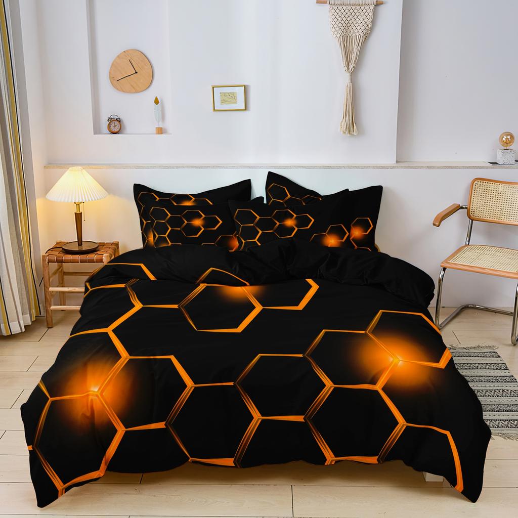 3pcs Geometric 3D Hexagonal Honeycomb Pattern DuvetCover SetDigital Print Colorful Polyester Bedding with Zipper Closure