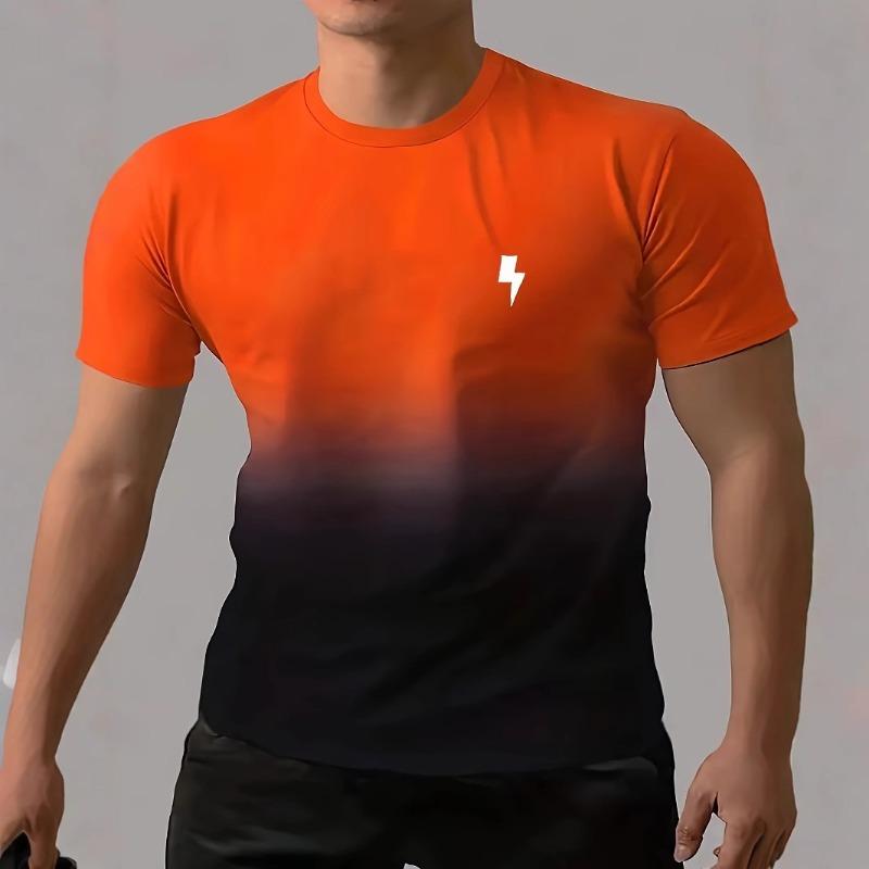 Men's Summer Leisure Fashionable Comfortable 3D Gradient Color Printed T-shirt- Soft Medium Stretch Polyester Fabric Summer Mens Relaxed Fit Clothing