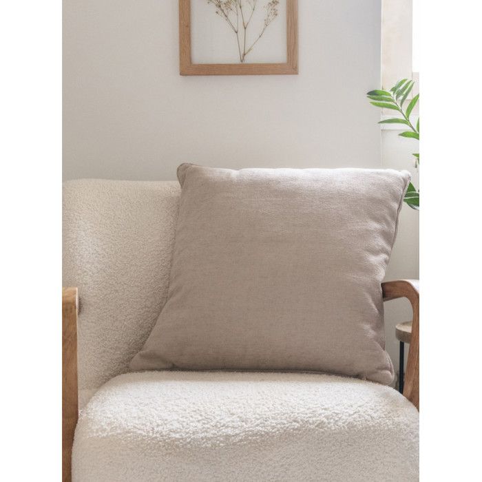 Coussin déhoussable avec passepoil 50 x 50 cm Polyester chenille "Osiris" Le fil d'Ariane - Taupe