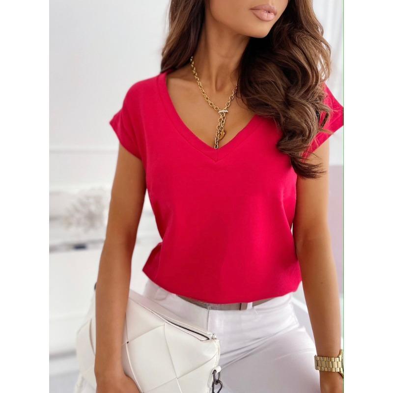 Весенне-летняя однотонная футболка с коротким рукавом и V-образным вырезом, простая женская футболка