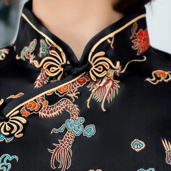 Женское летнее платье-ципао с воротником-стойкой, принтом дракона и феникса, разрезом по низу, облегающее платье в стиле ретро в китайском стиле длиной выше колена для свадебной вечеринки и коктейля